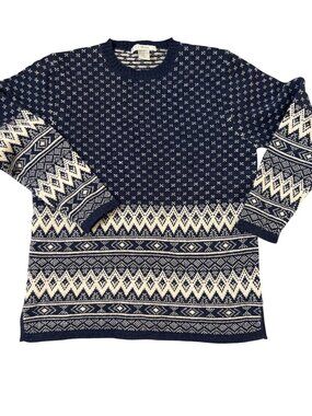 LE‎ MODA 100% Lambswool Nordic Fair Isle Crewneck Sweater Navy cream M